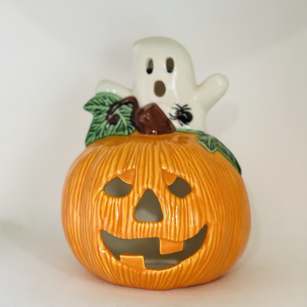 Vintage Halloween Ceramic Pumpkin Jack O Lantern 6" Votive Candle Cover Luminary
